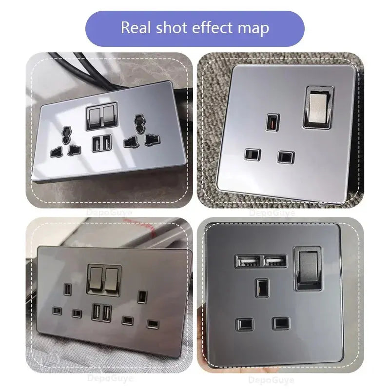 UK Gray Glass Doublel USB Electrical Outlet — alternate product view 3