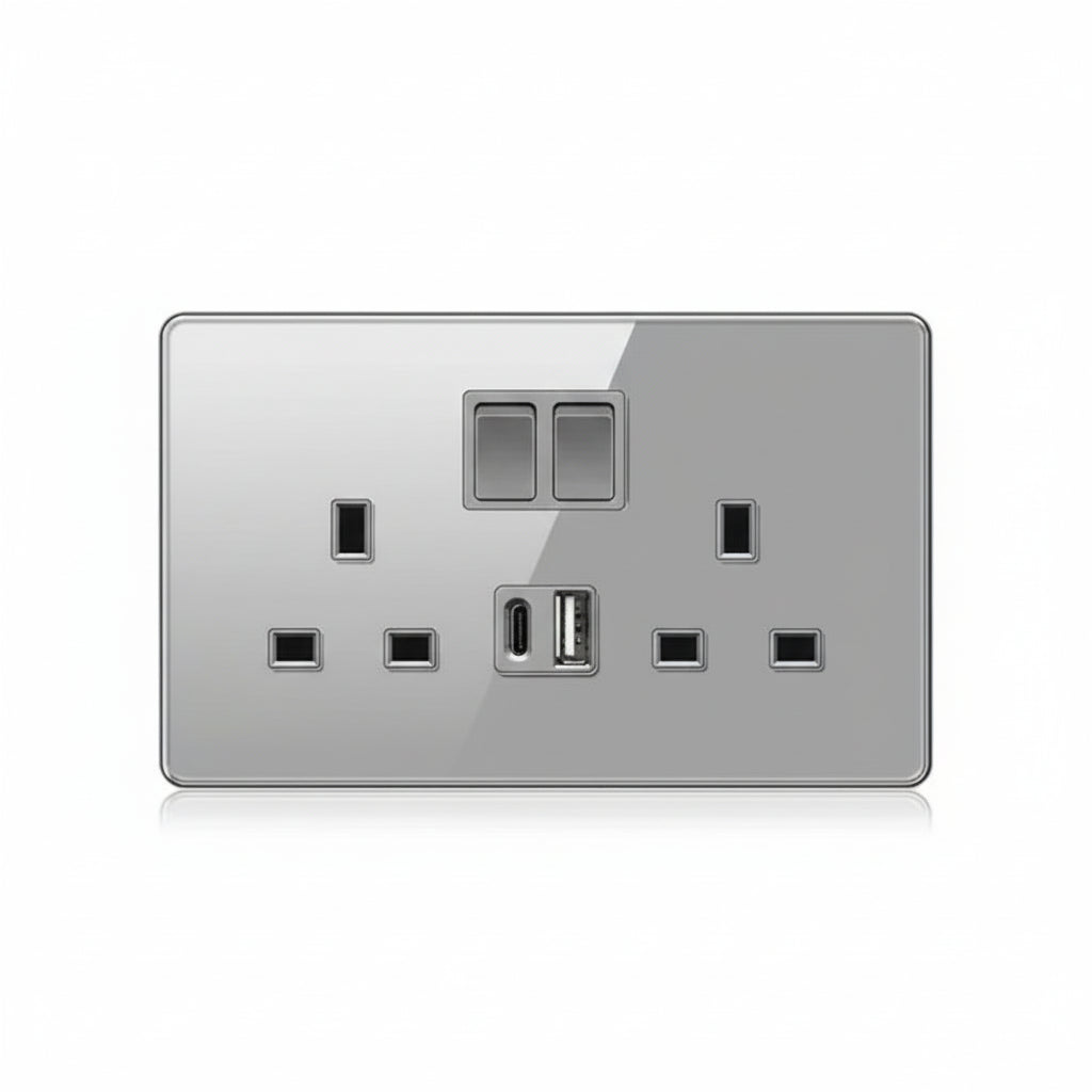 UK Gray Glass Doublel USB Electrical Outlet — product view