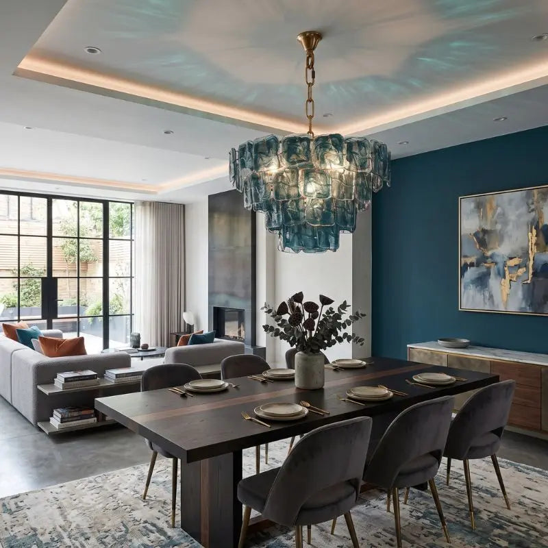 Virello Blue Glass Dining Room Chandelier — shown in an interior setting