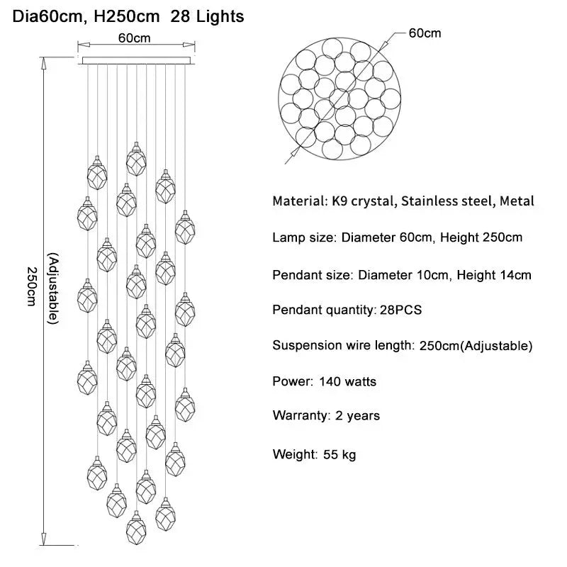 Luxury Long Diamond Crystal Ball Chandelier — alternate product view 17