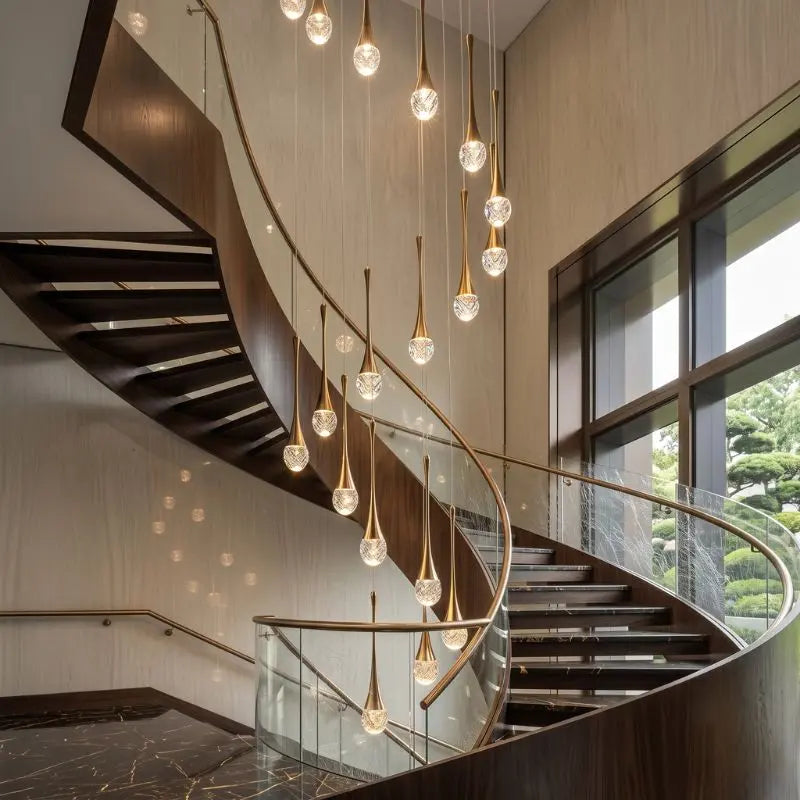 Luxury Crystal Staircase Chandelier | Modern Long Hanging LED Foyer Light — shown in an interior setting 2