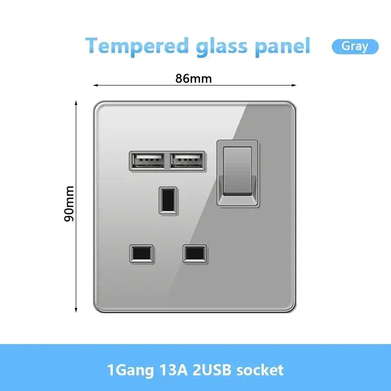 UK Gray Glass Doublel USB Electrical Outlet — alternate product view 6