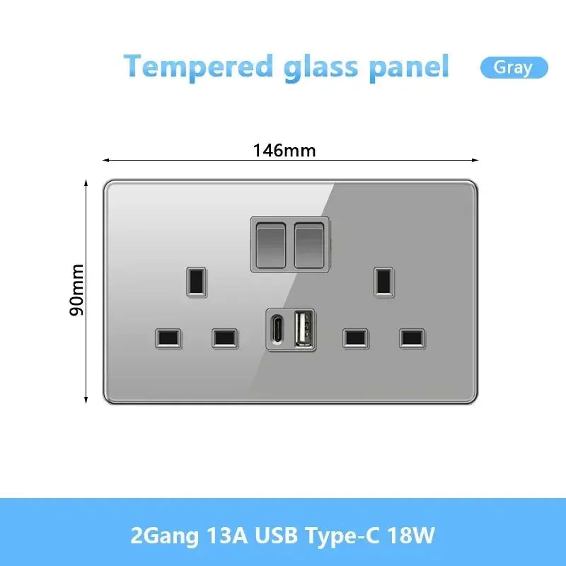 UK Gray Glass Doublel USB Electrical Outlet — alternate product view 7