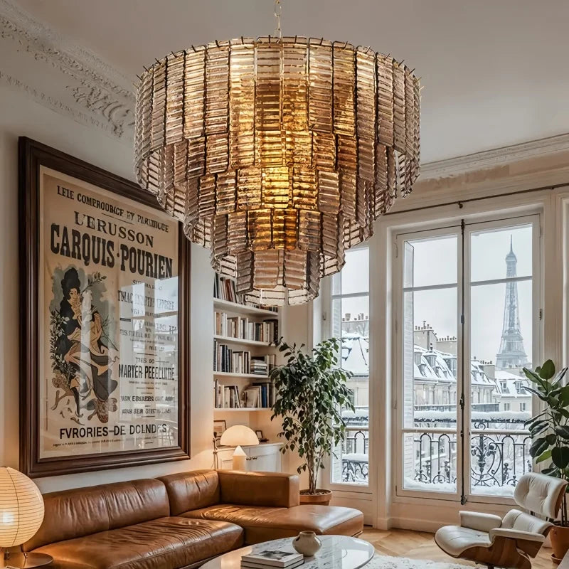 Decorative tiered chandelier with textured rectangular glass pieces