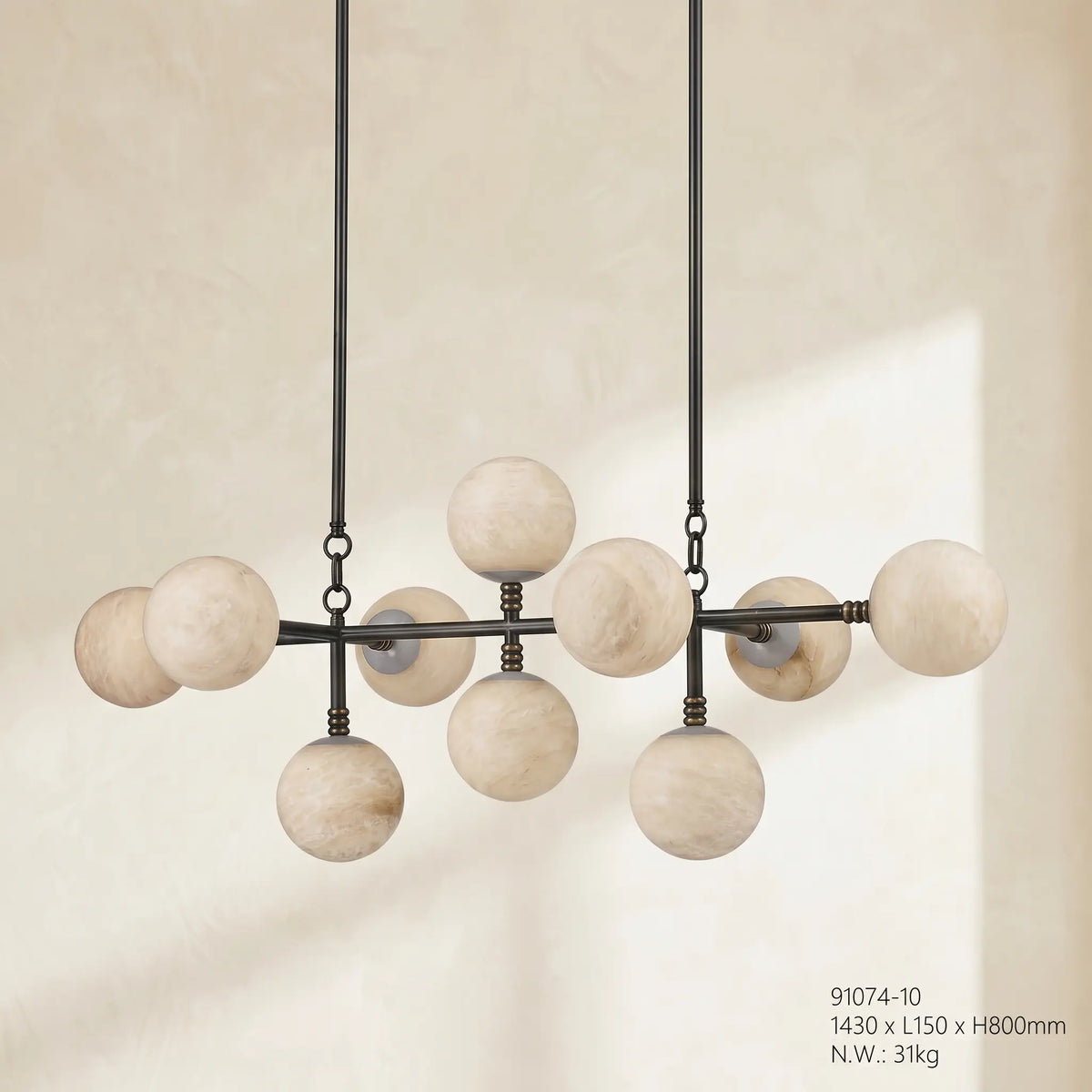 Brass Alabaster Pendant Light Globes — illuminated view