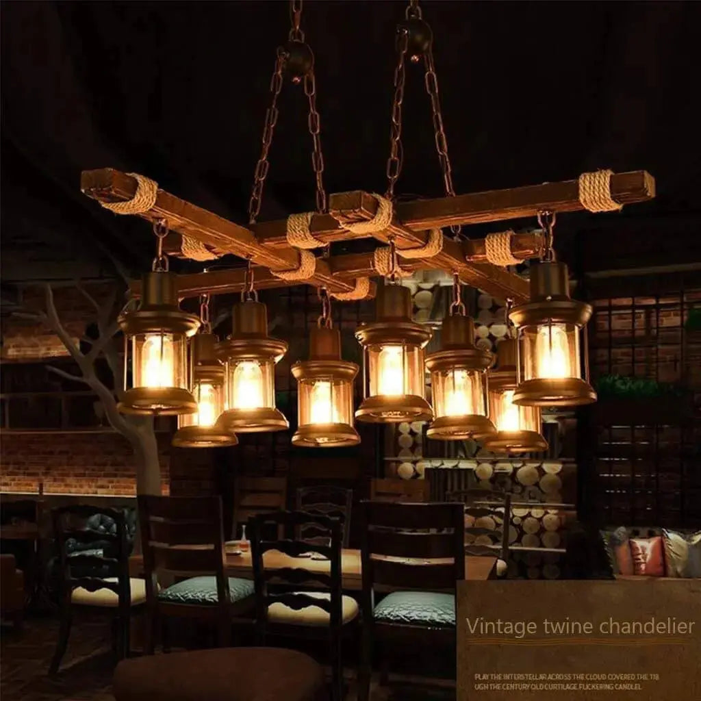 Retro Wood Vintage Chandelier — illuminated view